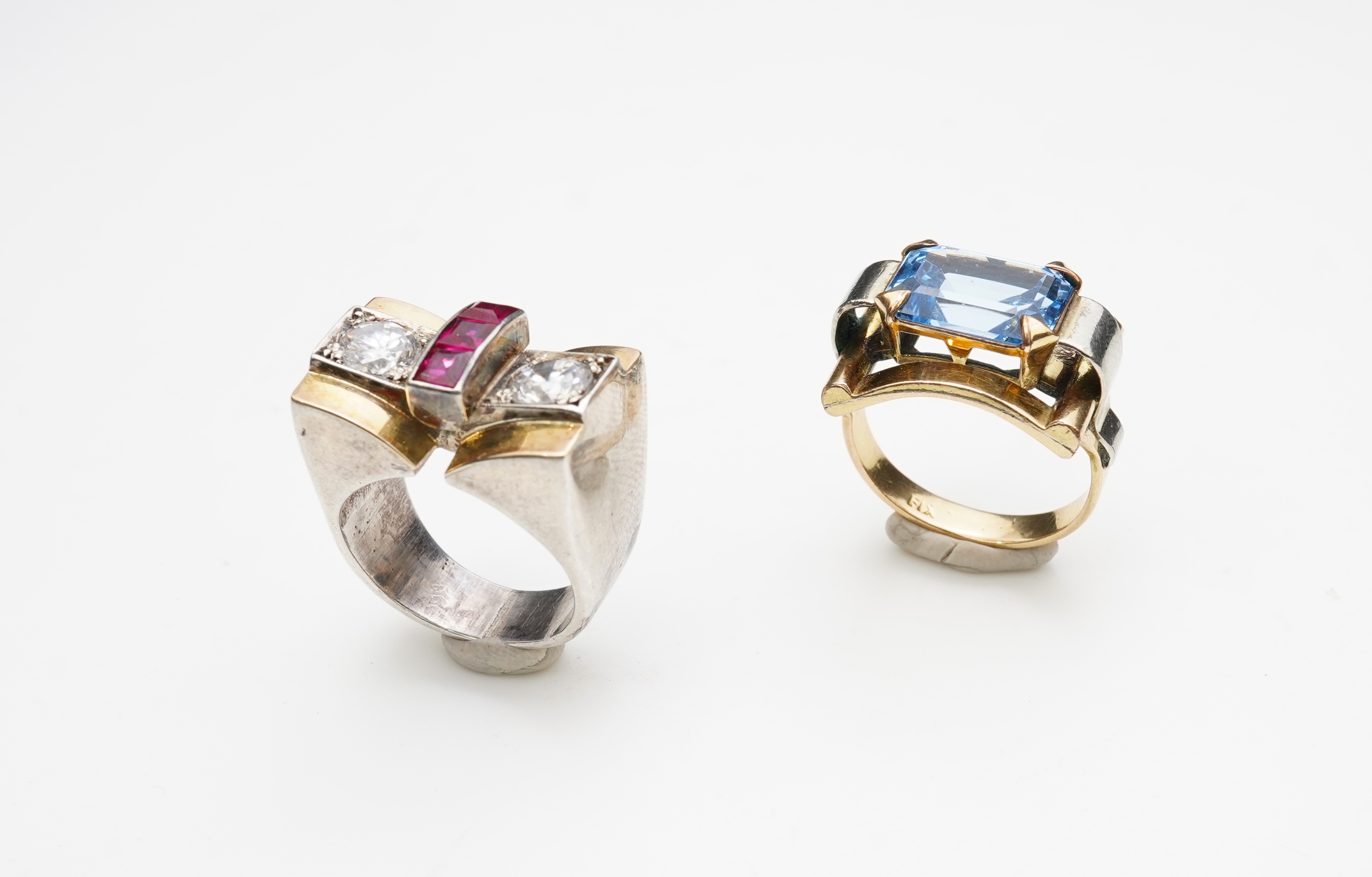 Two Retro synthetic stone and paste cocktail rings, 1940s